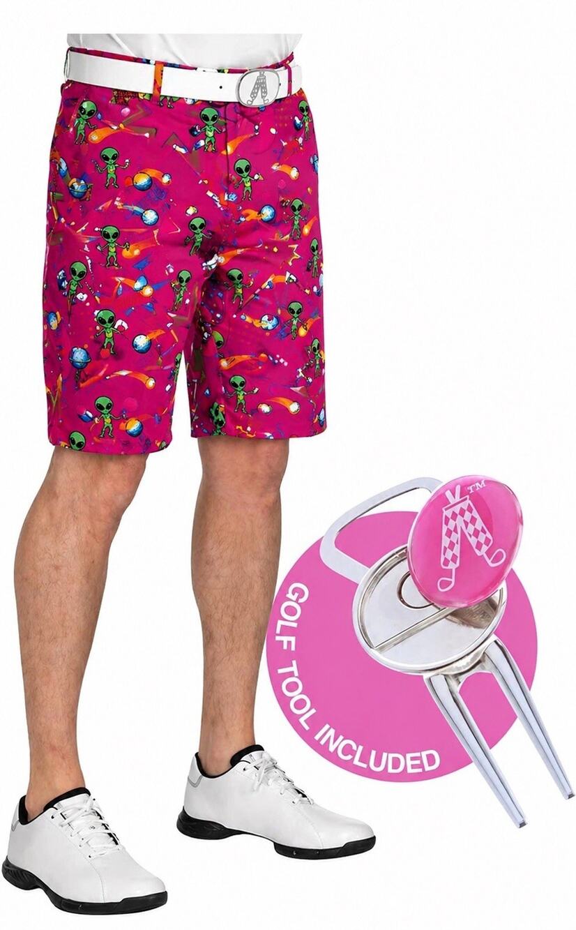 Life on Par Golf Shorts Men’s Size 34 NWT Pink Alien Print Royal & Awesome Tool